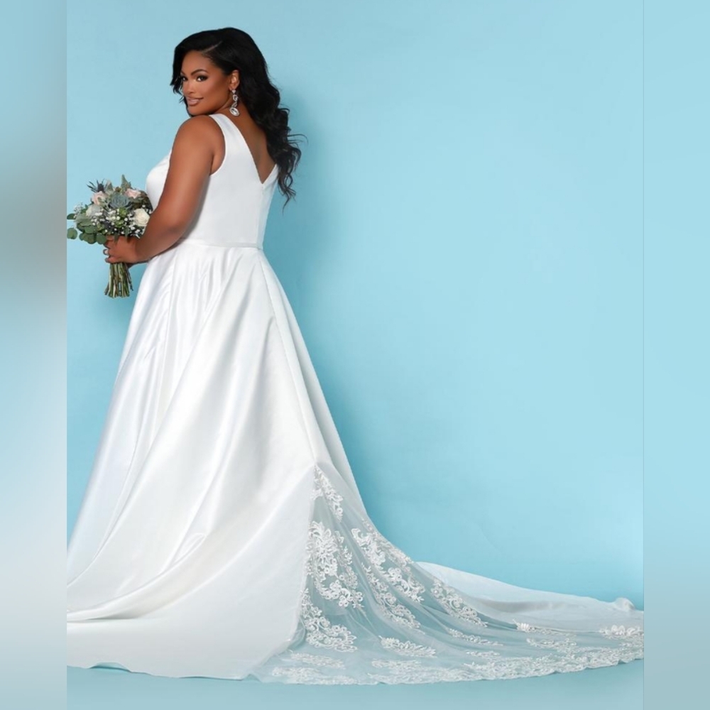 Satin Tank Style Wedding Dress With Pockets And Sequined Lace Cutout Train